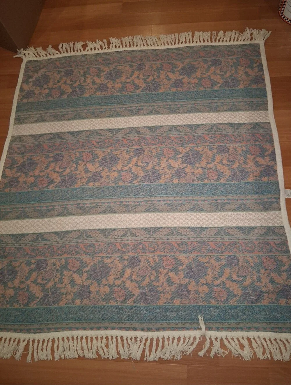 Woven Floral Stripe Tapestry Throw Blanket Vintage Crown Craft 57x52